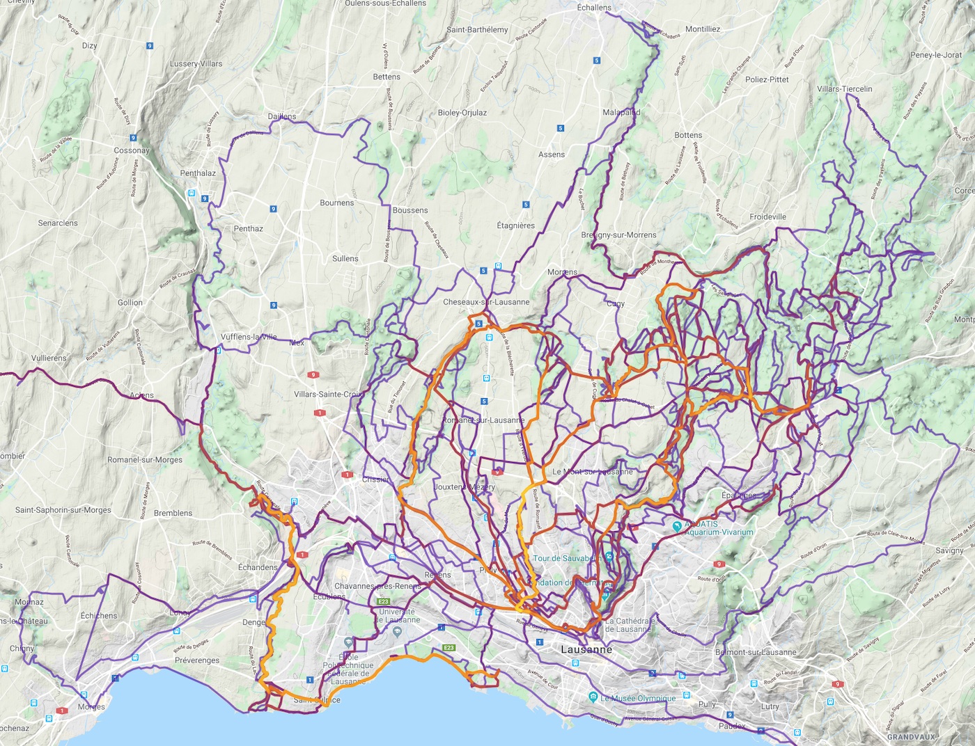 heatmap of 2 years of biking around Lausanne