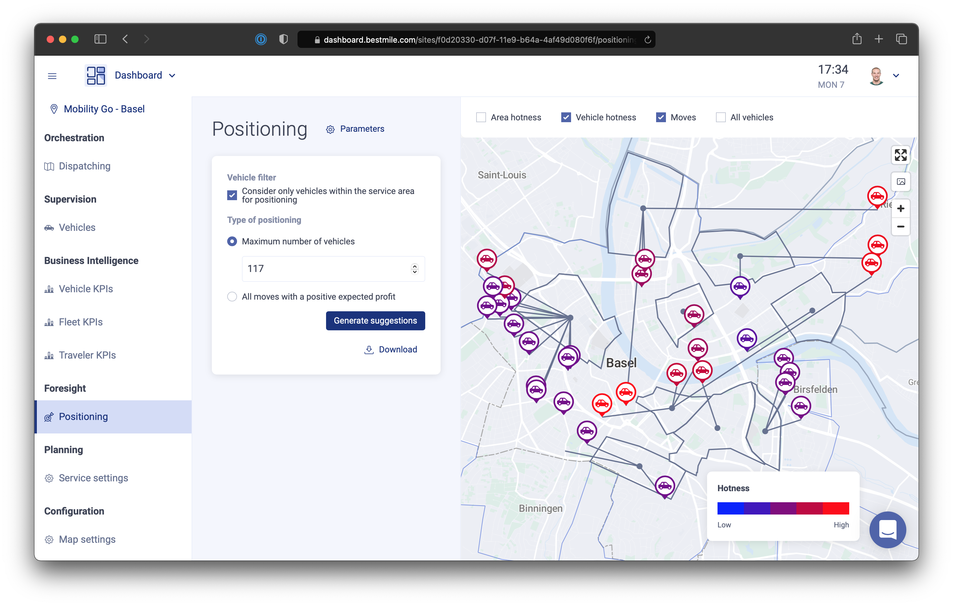 The positioning feature allows to see which cars are used more frequently and from which area. It is currently used to pre-position cars, and could allow for dynamic pricing in the future