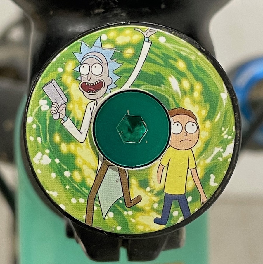 A Rick & Morty headset cap for my mountain bike, made by www.mashsf.com