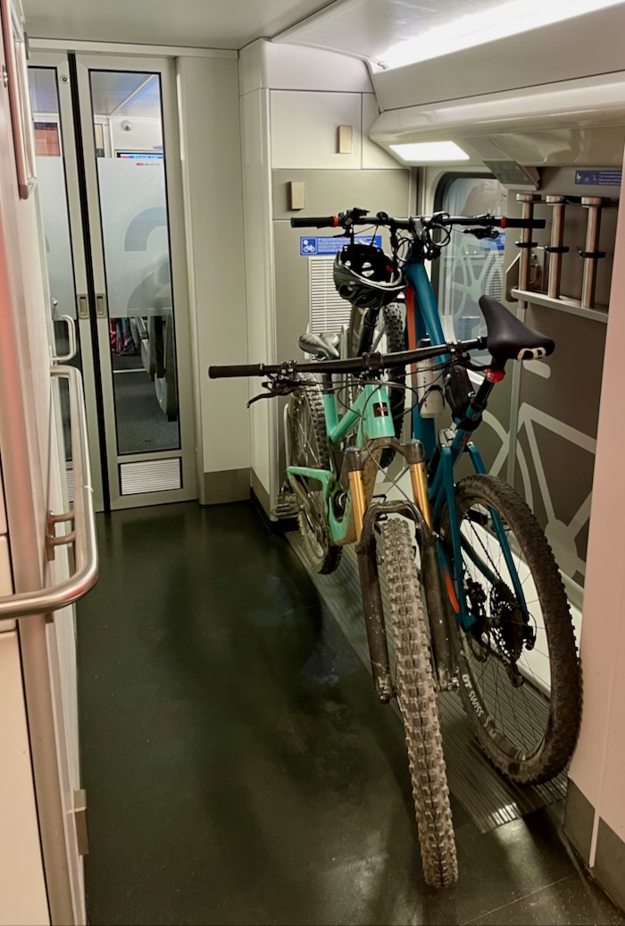 This shows how the design of the most recently bought train carriages failed to account for the size of modern mountain bikes (13.10.2023)